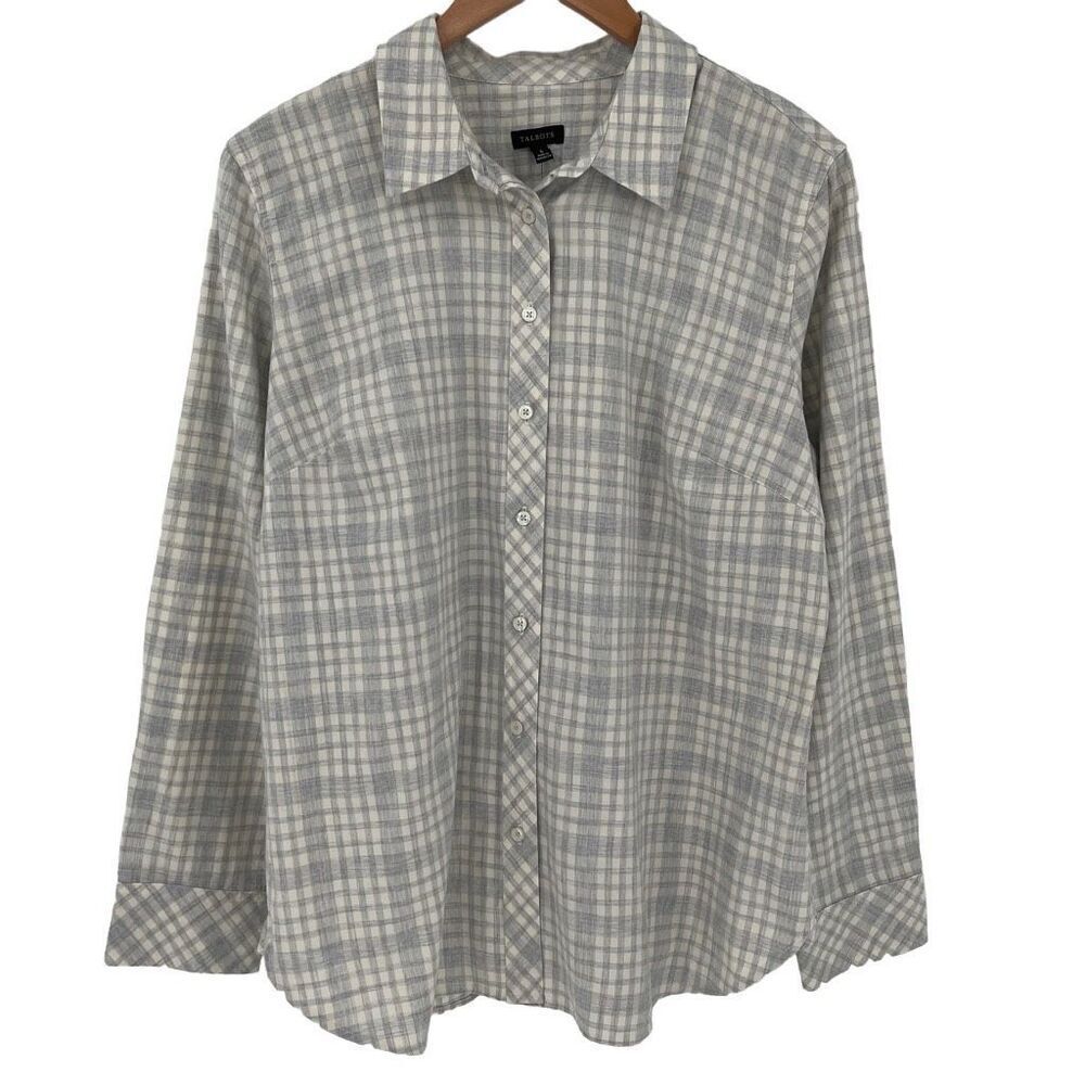 Talbots Long Sleeve Collared Button Up Shirt Plaid Cotton Women Large Cream Grey